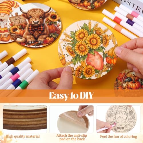 Reallnaive 45 Pcs Fall Wooden Coasters Painting Kit, 10 Autumn Gnome Pumpkins Sunflower Truck Coaster Arts and Crafts Fall Gift for Adults Ornament Home Office Decor - Image 4