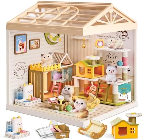DIY Pet Cat Miniature House Kit, 78-Piece Mini Dollhouse with Furniture & LED Light with Roof & Dust Covers Tiny House Toy for Adults by Loyratche