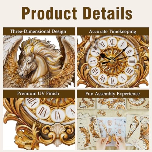 3D Wooden Puzzle for Adults - Winged Steed Clock - Image 5