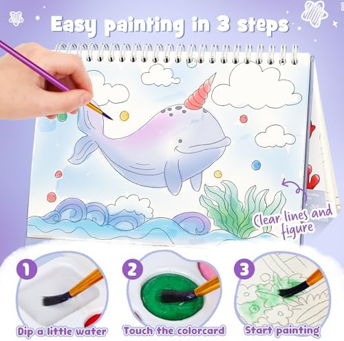Watercolor Painting Coloring Books, Paint with Water Arts & Crafts Kit for Kids, Travel Activities Art Supplies Party Favors Exchange Birthday Gifts for Boys Girls, Spiral-Bound (Marine) - Image 5