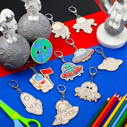 Trnayi 36 Pcs Outer Space Wood Keychain Color Your Own DIY Craft - Image 3