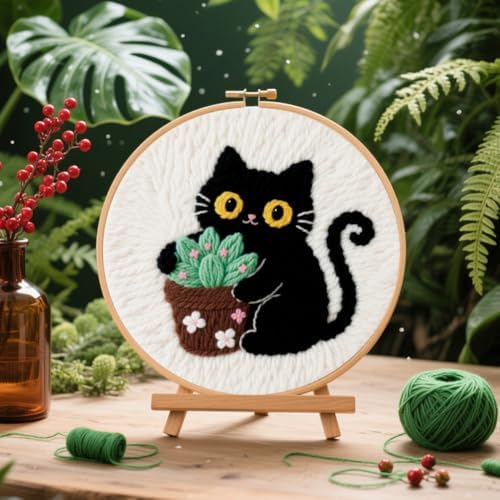 BEUNITONE 2PCS Cat Punch Needle Kit for Adults Beginners, Complete Craft Embroidery Needlepoint Kits with Hoop and Instructions, Punch Needle Starter Craft Set for Home Decor, Festival Gift 20x20cm - Image 6