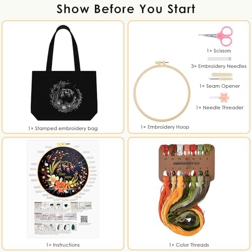 ERKOON Canvas Tote Bag Embroidery Kit for Beginners, Floral Arts Crafts Cross Stitch Kits for Adults Including Stamped Embroidery Bag with Hoops, Needle, Instruction and Color Threads (Flower) - Image 2