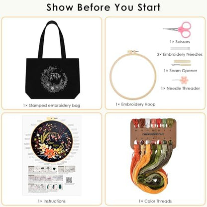 ERKOON Canvas Tote Bag Embroidery Kit for Beginners, Floral Arts Crafts Cross Stitch Kits for Adults Including Stamped Embroidery Bag with Hoops, Needle, Instruction and Color Threads (Flower) - Image 2