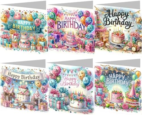 6PCS Diamond Art Painting Greeting Cards Kit, Birthday Themed DIY Card Making Set with Crystals and Envelopes, Creative Craft for Adults, Fun Party Activity and Personalized Gift by Unknown