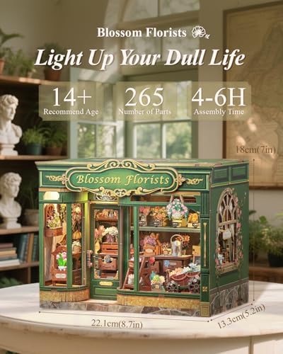 Cutefun Book Nook Kit - DIY Miniature Flower Shop Booknook Kits for Adults and Teens, 3D Wooden Puzzle Bookend Bookshelf with LED Light, Creative Crafts Gifts for Book Lovers (Blossom Florists) - Image 2
