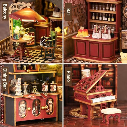 CUTEROOM DIY Miniature House Kit, Wooden Dollhouse Kit with LED Magic Tiny House Kits for Women Adult Gifts for Christmas Birthday (Book Coffee Shop) - Image 6