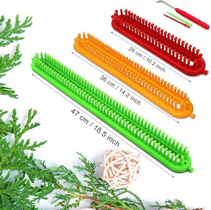 Katech 3 pcs Rectangle Knitting Looms Set Dense Pegs Loom Knitter Different Sizes Colorful Plastic Weaving Looms Set DIY Yarn Weaving Kits with a Crochet Hook and Needle (Color is Random) - Image 2