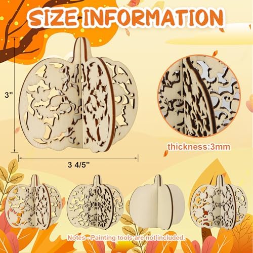 COCHIE DIY 3D Fall Pumpkin Wood Crafts to Paint for Kids Adults, Paintable Unfinished Wooden Slices for Craft, Cutouts Ornaments for Painting Decorations (24 PCS) - Image 2