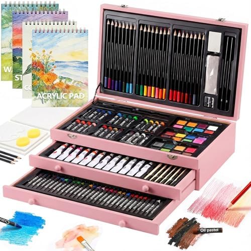 194 Piece Deluxe Art Set, Painting Drawing Art Supplies with 4 Drawing Pads, Acrylic Paints, Crayons, Colored Pencils Set in Wooden Case, Art Kit Gift Box for Kids, Teens, Adults, Artists, Beginners by TMOLARTSUPPLIES