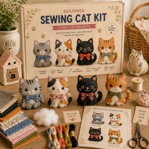 Sewing Kit for Beginners, DIY Felt Sewing Craft Kit with Pre-Cut Fabric & Instructions, Handmade Plush Animal Craft Set for Adults & Teens (cat) - Image 3
