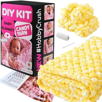 Beginner Craft Kit – Easy Loop Yarn Baby Blanket Kit for Adults & Kids, DIY Arm Knitting Kit with Soft Chenille Yarn, Perfect Handmade Gift for Mother's Day (Lemon) by Candy-Yarn