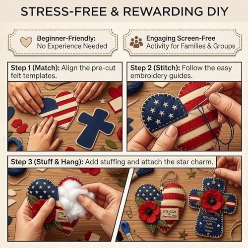 DIY Patriotic Poppy Cross Ornament Kit - 1776-2026 America 250th Anniversary Felt Craft Set - Faith Freedom Honor Embroidery Decor for Memorial Day, Independence Day,Veterans Day-Handmade Gift (Cross) - Image 5