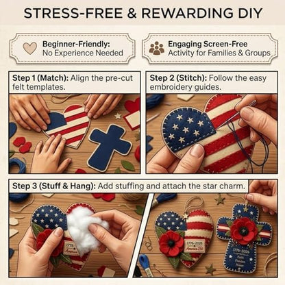 DIY Patriotic Poppy Cross Ornament Kit - 1776-2026 America 250th Anniversary Felt Craft Set - Faith Freedom Honor Embroidery Decor for Memorial Day, Independence Day,Veterans Day-Handmade Gift (Heart) - Image 5