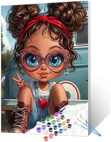 DIY Paint by Numbers for Adults African America Girl Painting Acrylic Paint DIY Digital Oil Painting Cute little Girl Painting Kits Vintage Car Canvas Art Living Room Decor 16x20 Inch（Without Frame by TUMOVO