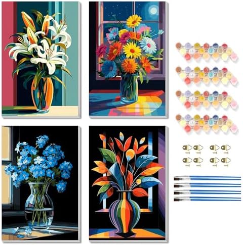TBAIRO 4 Pack Framed Paint by Numbers Kit for Adults Beginner Flower DIY Painting Kits for Adults Floral Easy Adult Paint by Number Kits on Canvas for Wall Art Decor 8x12 Inch by Unknown