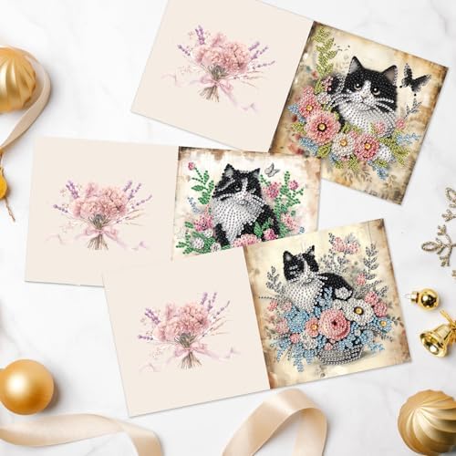 6pcs Diamond Art Painting Greeting Card, DIY Cat and Flower Diamond Art Greeting Cards for Blessings and Wishes Special Shaped Diamond Greeting Card Arts Crafts for Christmas Birthday Thanksgiving Day - Image 4