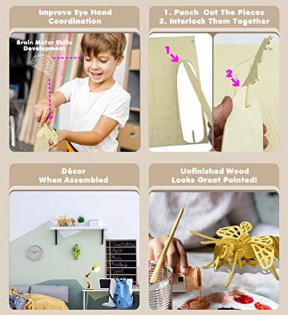 Puzzled 3D Puzzle Honeybee Wood Craft Construction Model Kit, Unique & Educational DIY Wooden Insect Toy Assemble Bee Model Unfinished Crafting Hobby Puzzle to Build & Paint for Decoration 32pcs Pack - Image 3