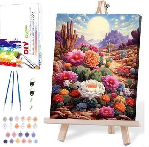 MIRCVSH Landscape Paint by Numbers Kit for Adults,Adult Paint by Number with Wooden Framed,Desert Cactus Flowers Paint by Number for Home Wall Decor 12x16 Inch by MIRCVSH
