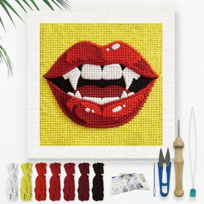 Doodlream Red Lip Needle Kit for Beginner, 9.4"x 9.4" Halloween Fanged Mouth Punch Stitching Craft Set, Color DIY Embroidery Starter with Printed Frame, Instruction, Threader, Yarn, Pinch Needle by Doodlream