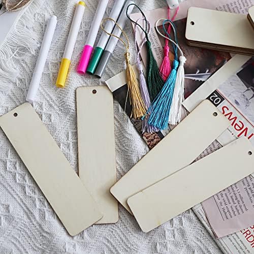 SWATOM Wood Bookmarks Blank DIY Wooden Bookmark Craft Bulk 50 PCS Unfinished Wood Tags Rectangle Shape Ornaments with Holes and Tassels for Wedding Party Birthday Decoration - Image 5