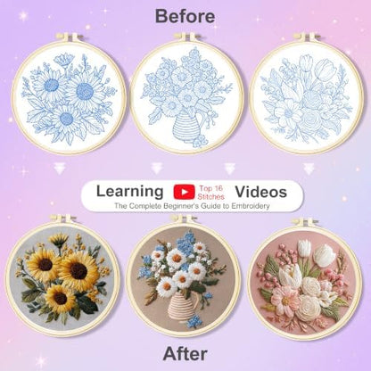 Huacan Embroidery Kit for Adults Beginners with 3 Hoops & Gift Box - Image 3