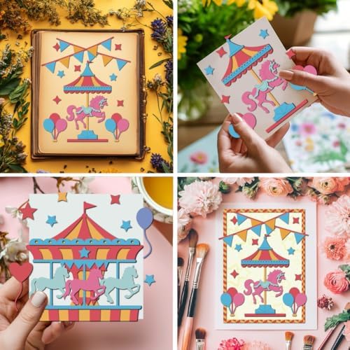 MAYJOYDIY Carousel Metal Cutting Dies Carnival Balloon Flags Die Cut Stencils Horse Stars Carbon Steel Die Cutting for Scrapbooking Party Photo Album DIY Paper Crafts - Image 5