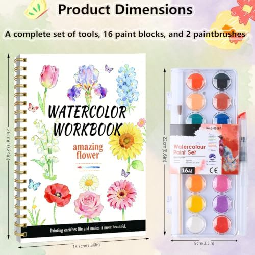 SATFOIV Floral Theme Watercolor Workbooks Set, 16-Color Watercolor Paint+Removable Palette, can Hold Water Watercolor Pens+Watercolor Brushes,14 Beautiful Paintings+2-Page Beginner's Guide - Image 2