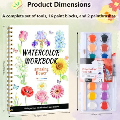 SATFOIV Floral Theme Watercolor Workbooks Set, 16-Color Watercolor Paint+Removable Palette, can Hold Water Watercolor Pens+Watercolor Brushes,14 Beautiful Paintings+2-Page Beginner's Guide - Image 2