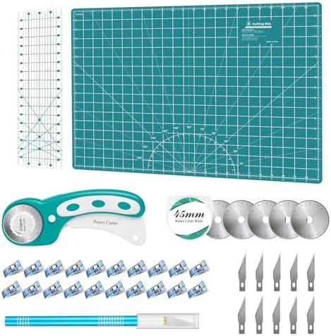 Rotary Cutter Set - Quilting Kit incl. 45mm Fabric Cutter, 5 Replacement Blades, A2 Cutting Mat, Acrylic Quilting Ruler and Sewing Clips, Craft Knife Set, Ideal for Crafting, Sewing, Patchworking by HeadleyTools