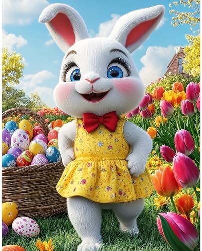 Easter Floral Rabbit Paint by Numbers Kits for Adults Beginner, Easter day with Cartoon Cute Happy Bunny, Canvas Painting by Numbers for Adults, Easy Oil Painting Kits for Gifts Home Decor 16x20 Inch by NEWENMO