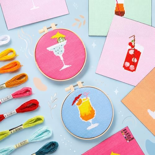 ZOIIWA 6PCS Goblet Embroidery Kit for Beginners Adults Summer Cross Sewing Kits DIY Starter Hand Embroidery Kit with Needlepoint Patterns Hoop Threads Needles Instructions Craft Gift for Home Decor - Image 5
