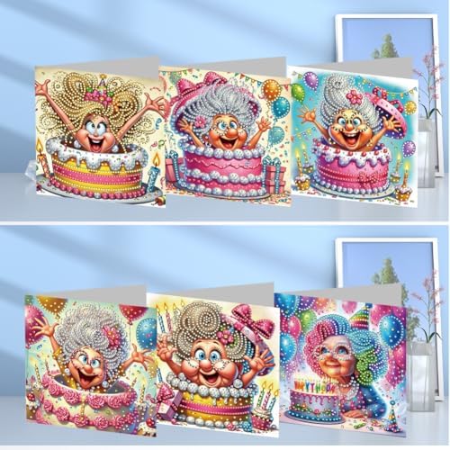 jinglinhh 6pcs Old Grandma Birthday Surprise Diamond Art Painting Greeting Cards with Envelopes, DIY Card Making Kits for Adults, Diamond Art Postcards Christmas Cards Craft Gifts - Image 4