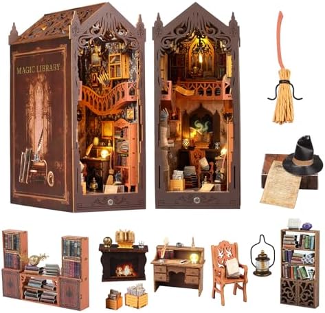 Book Nook Kit,DIY Miniature House Kit,Dollhouse Booknook with Dust Cover & LED Light,3D Wooden Bookends Puzzle,Bookshelf Decorfor for Adults, Teens, Beginners,Gifts for Family, Friends by QIURUIFFA