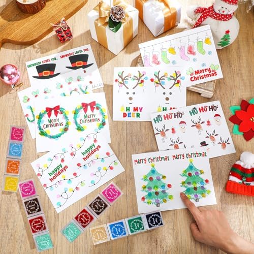 Motipuns 48 Sets Christmas Cards Making Crafts Kits 4 x 6 Inch DIY Thumbprint Christmas Crafts with Ink Pad Fingerprint Make Your Own Folded Greeting Card Making Kit for Xmas Gifts Fun Home Activity - Image 5