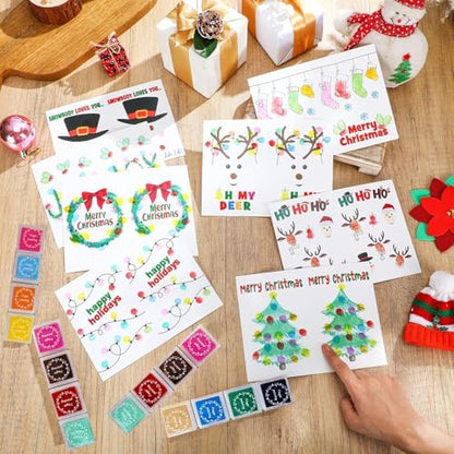 Motipuns 48 Sets Christmas Cards Making Crafts Kits 4 x 6 Inch DIY Thumbprint Christmas Crafts with Ink Pad Fingerprint Make Your Own Folded Greeting Card Making Kit for Xmas Gifts Fun Home Activity - Image 5