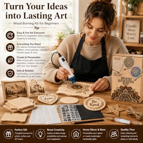 Xenolog Wood Burning Kit for Beginners - Complete 20+ Piece Pyrography Set with Heat Gun, Markers, 9 Wood Plaques, Stencils, Transfer Paper - Art Craft Gift for Adults, Teens, DIY Artists - Image 2