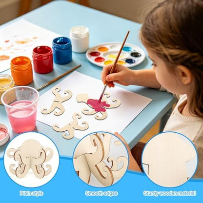 COCHIE DIY 3D Summer Ocean Wood Crafts to Paint for Kids Adults, Paintable Unfinished Wooden Slices for Craft, Octopus Squid Cutouts Ornaments for Painting Decorations 24 PCS Formed Into 8 Crafts - Image 3