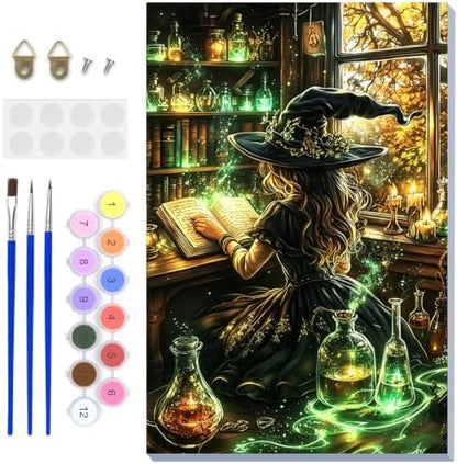 NAIMOER Halloween Paint by Numbers Kits for Adults Beginner with Wooden Framed, Witch Magical Color by Numbers on Canvas Painting Kits for Adults, Easy Paint DIY Acrylic for Home Wall Decor 8X12 Inch by NAIMOER