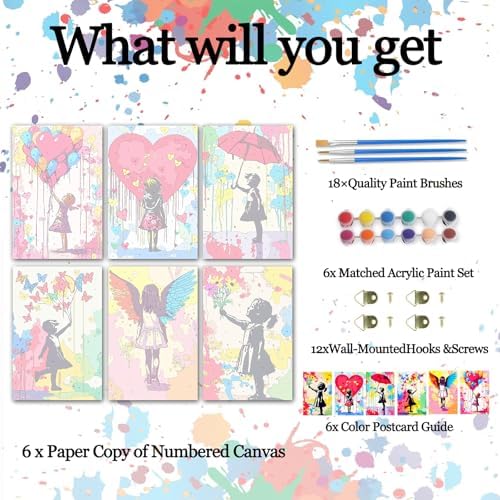 Tucocoo Banksy Little Girl Paint by Numbers Kit for Adults Beginner, 6 Pack Adult Paint by Number Kits on Canvas, Graffiti DIY Acrylic Colorful Oil Painting by Numbers for Home Decor Gifts 8x12 Inch - Image 4