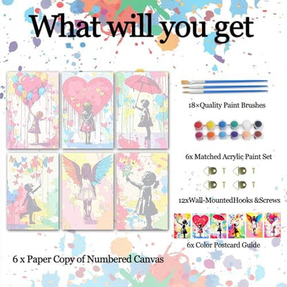 Tucocoo Banksy Little Girl Paint by Numbers Kit for Adults Beginner, 6 Pack Adult Paint by Number Kits on Canvas, Graffiti DIY Acrylic Colorful Oil Painting by Numbers for Home Decor Gifts 8x12 Inch - Image 4