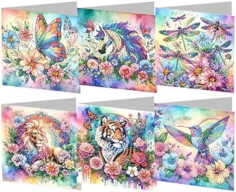 jinglinhh 6pcs Diamond Art Painting Flowers Butterfly Dragonfly Lion Tiger Hummingbird Greeting Cards with Envelopes, DIY Card Making Kits for Adults, Diamond Art Postcards Holiday Cards Craft Gifts by Unknown