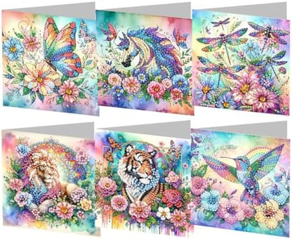 jinglinhh 6pcs Diamond Art Painting Flowers Butterfly Dragonfly Lion Tiger Hummingbird Greeting Cards with Envelopes, DIY Card Making Kits for Adults, Diamond Art Postcards Holiday Cards Craft Gifts by Unknown