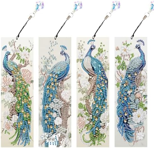 MVVMTOP 4pcs Diamond Painting Bookmark with Crystal Pendant, DIY Peacock, Special Shape Crystal Craft Partial Drill, 5D Diamond Art Handmade Bookmark, Reading Accessories and Gift for Book Lovers by MVVMTOP