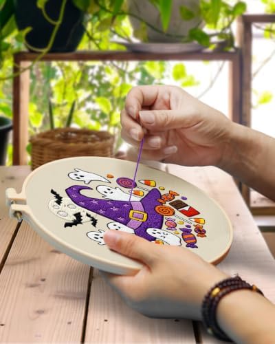 TINDTOP Halloween Embroidery Kit for Adult, Embroidery DIY Starter Kit, with Stamped Patterns, Hoop, Tools, Colorful Threads with Needles, Instructions (Halloween C) - Image 4