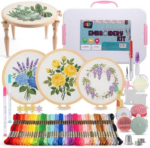 KEFF Craft Embroidery Kit for Beginners - 100 Embroidery Thread Colors, 4 Hoops, Scissors, Needles, Pins, Blank Fabrics & Tools – Cross Stitch Supplies, Cross Stitch Kits, Arts and Crafts for Adults by KeffCreations