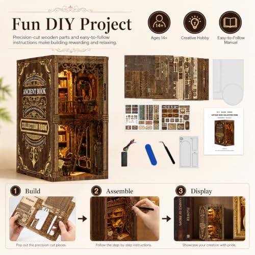Book Nook Kit for Adults, DIY Wooden Bookshelf Insert with LED Light, Miniature House Puzzle, Vintage Shelf Decor, Gift for Book Lovers - Image 6