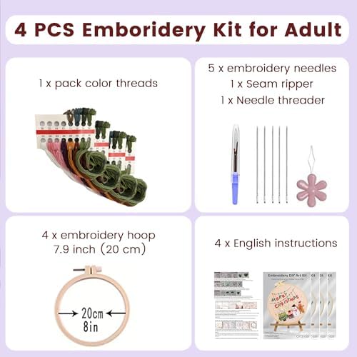 Huacan Embroidery Kits for Adults Beginner 4 Pcs Stamped Christmas Tree Pattern Stitching DIY Sewing Kit 7.9 x 7.9 Inch - Image 2
