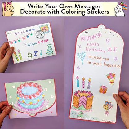 Together Art Happy Birthday Card Making Kit for Kids - DIY Coloring Stickers, Arts and Crafts Activity, Color Your Own Storytelling Sticker Set, Cards Kids Can Color, Gift for Girls, Boys Ages 3-10+ - Image 5