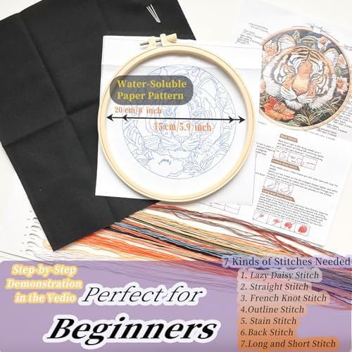 FONNUY Tiger Floral Embroidery Kit, Cross Stitch Kits for Beginners, Handmade Crafts with Printed Patterns for Beginner Adults, Easy to Follow Color Thread Needlework, 8'' Hoop - Image 5